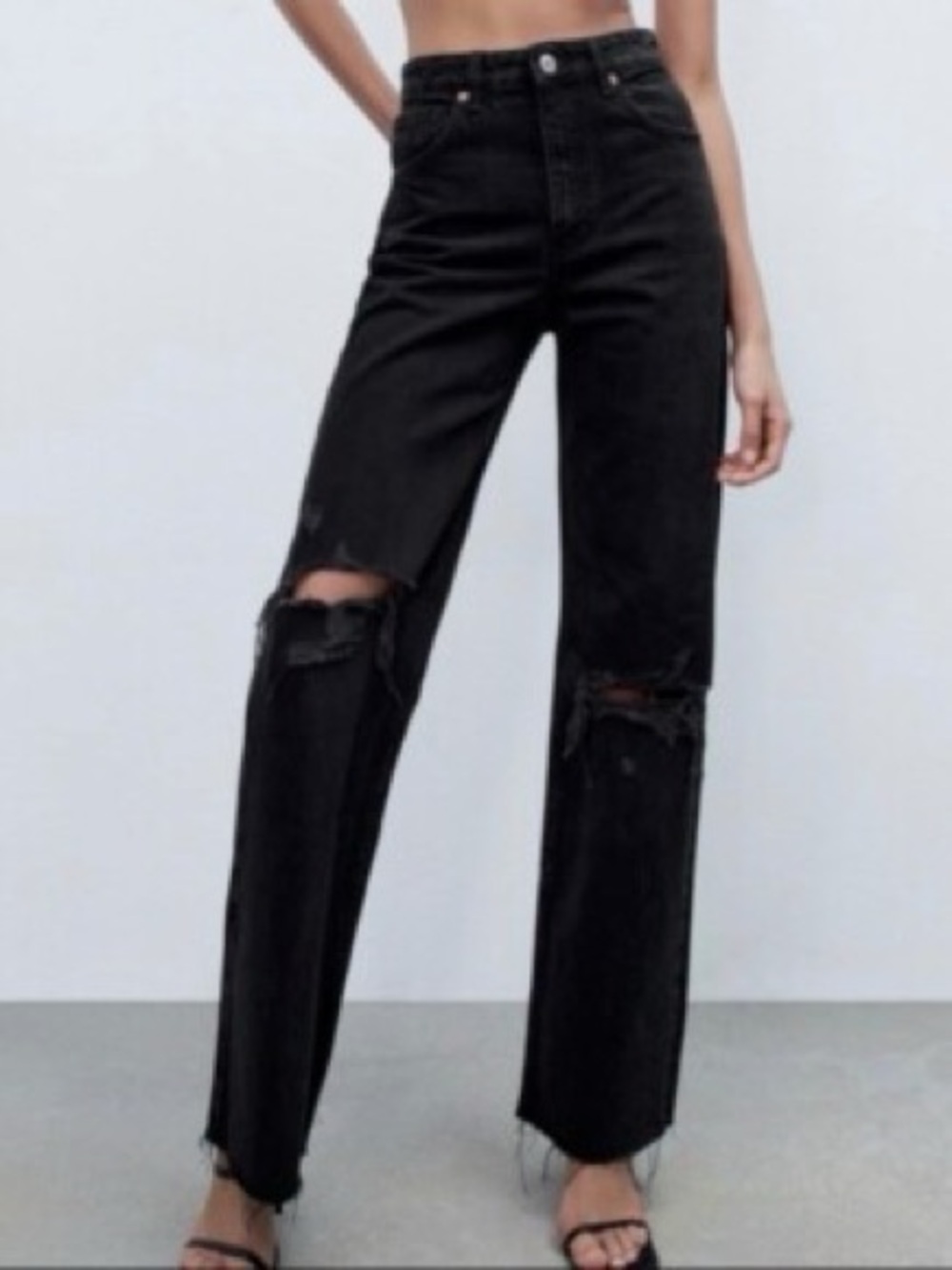High-Rise Black Distressed Wide-Leg Jeans